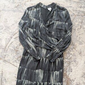 Armani Collezioni Dress Size12 Gray Abstract Print V Neck Long Sleeve Italy Midi